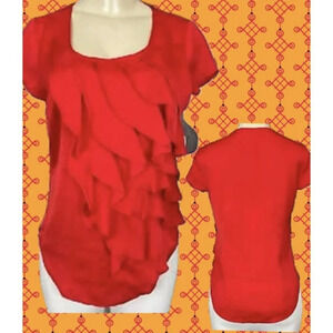 New York & Company S Coral Red Ruffle Front Scoop Neckline Short Sleeve Blouse